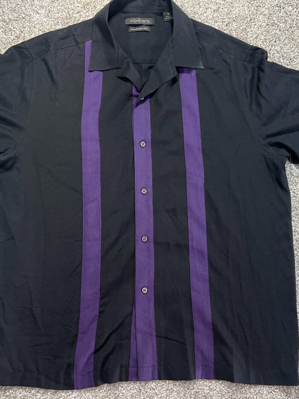 Vintage Men's Axist 100% Silk Black Purple Camp Shirt Vacation Cruise XL